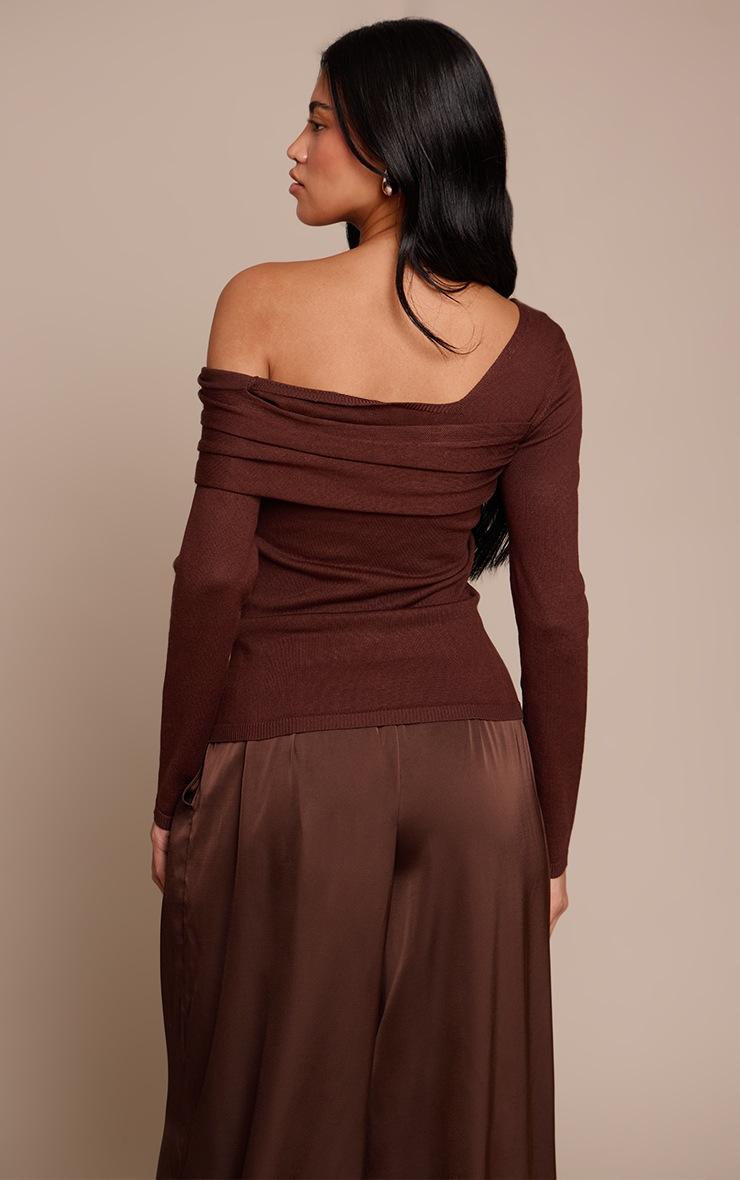 Pretty Little Thing Chocolate Long Sleeve Asymmetric Shoulder Knitted Top