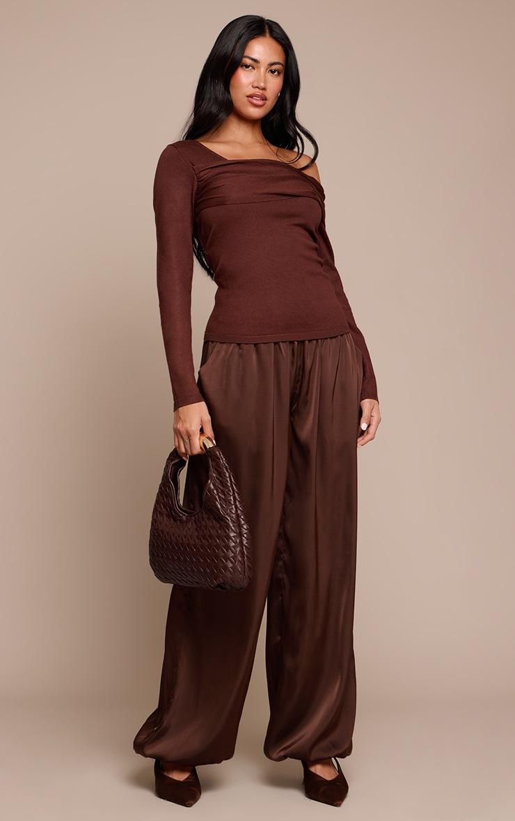 Pretty Little Thing Chocolate Long Sleeve Asymmetric Shoulder Knitted Top