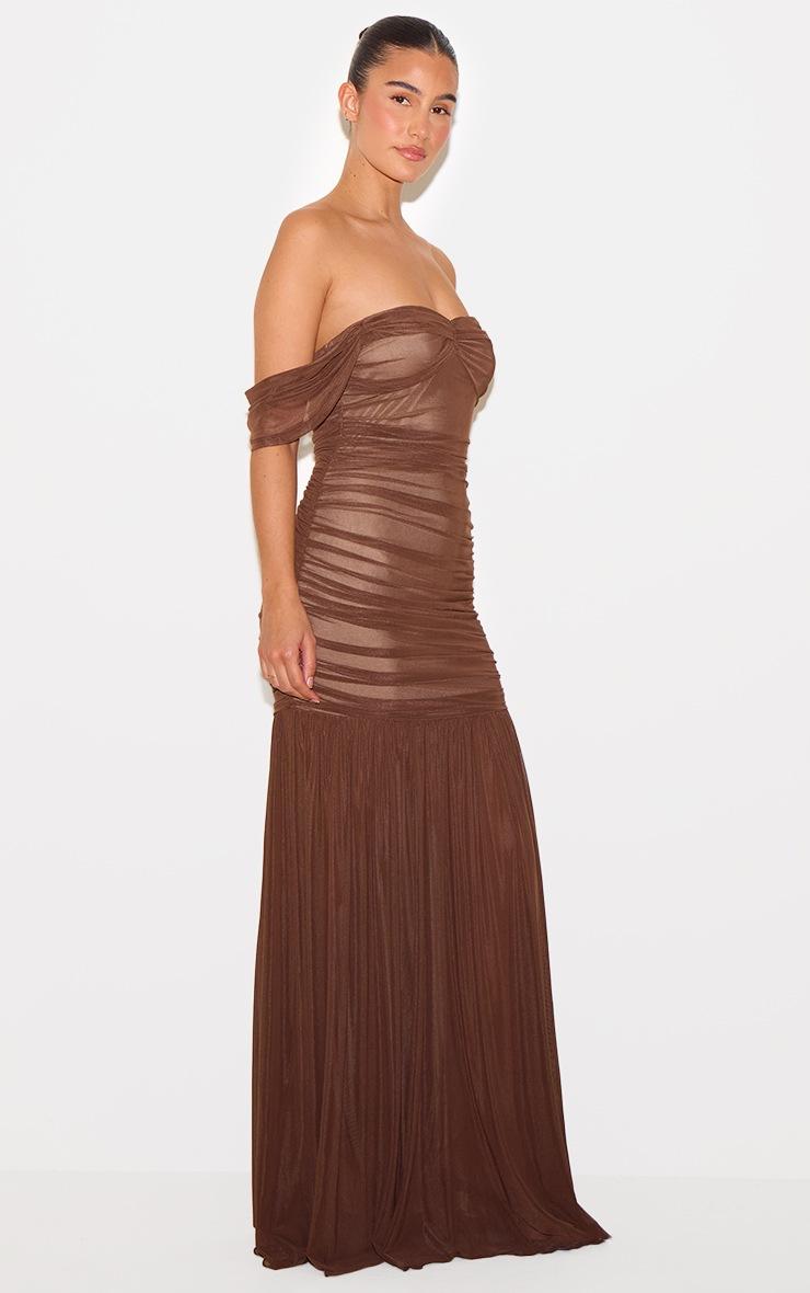 Pretty Little Thing Chocolate Mesh Bardot Ruched Detail Maxi Dress