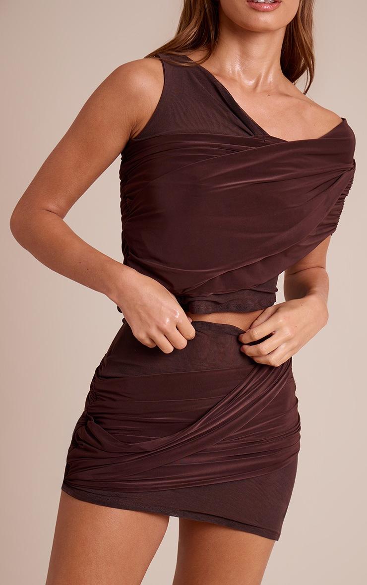 Pretty Little Thing Chocolate Mesh Double Layer Slinky Drape Mini Skirt
