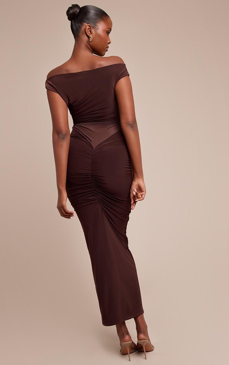 Pretty Little Thing Chocolate Mesh Overlay Off The Shoulder Maxi Dress