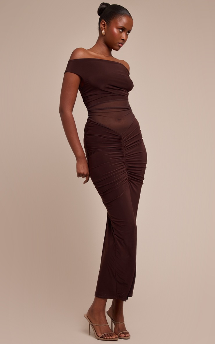 Pretty Little Thing Chocolate Mesh Overlay Off The Shoulder Maxi Dress