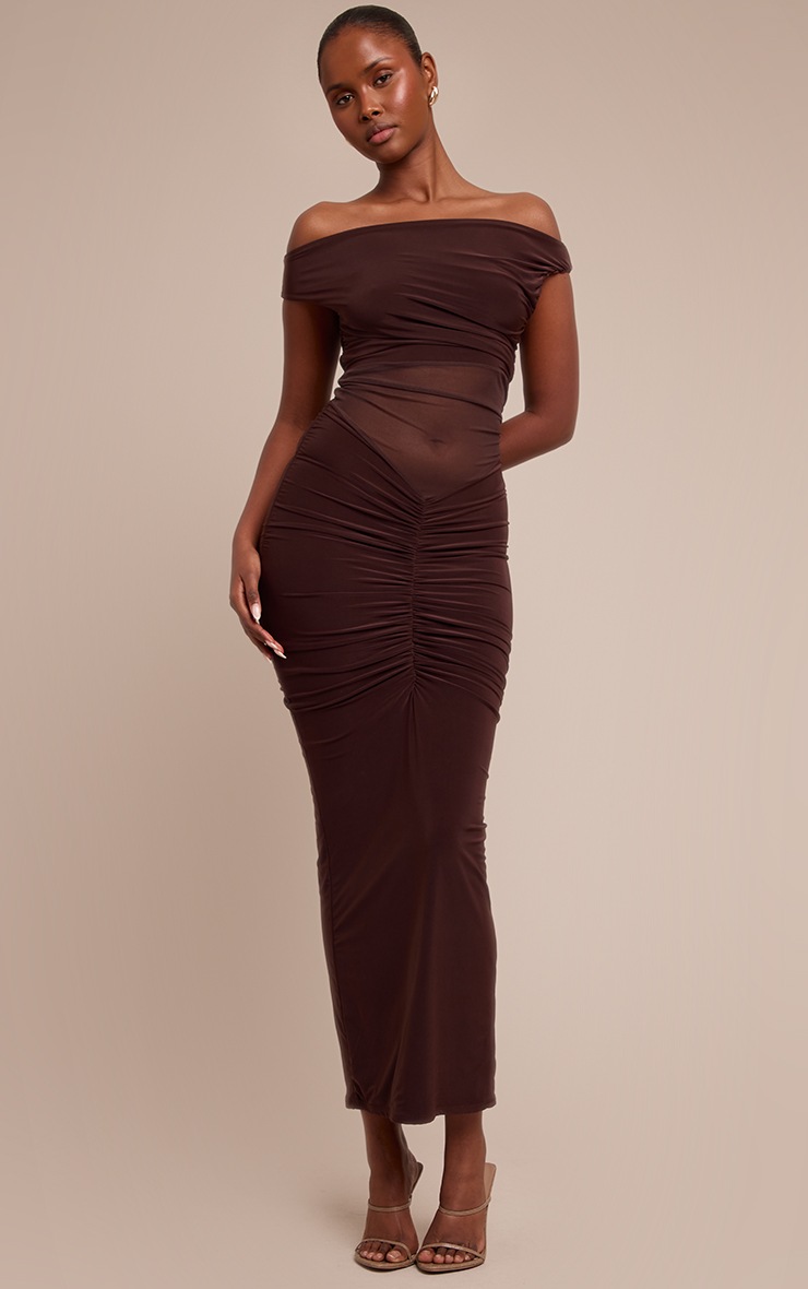 Pretty Little Thing Chocolate Mesh Overlay Off The Shoulder Maxi Dress