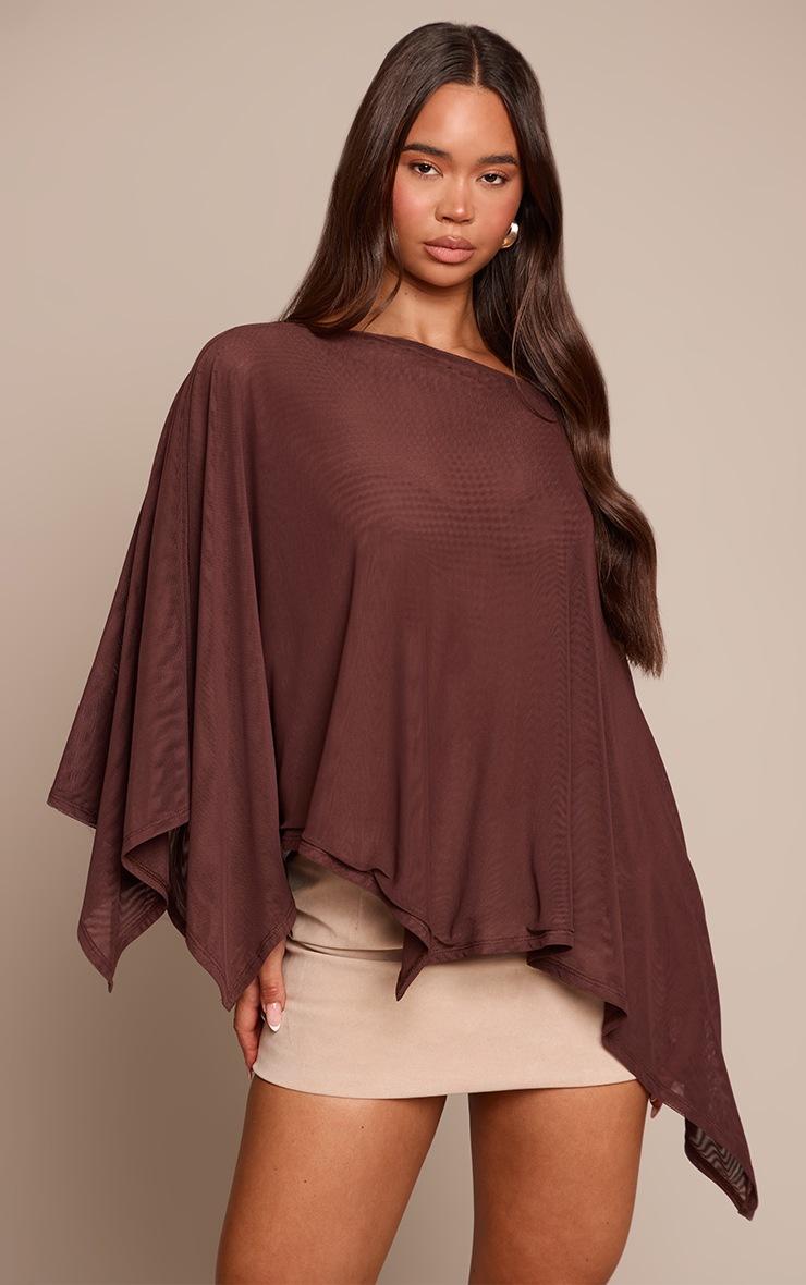 Pretty Little Thing Chocolate Mesh Oversized Cape Detail Top