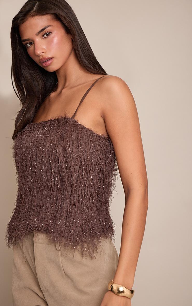 Pretty Little Thing Chocolate Metallic Fringe Cami Top