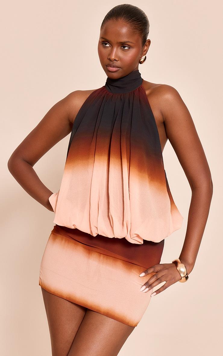 Pretty Little Thing Chocolate Ombre Print Chiffon Halter Neck Puff Ball Top