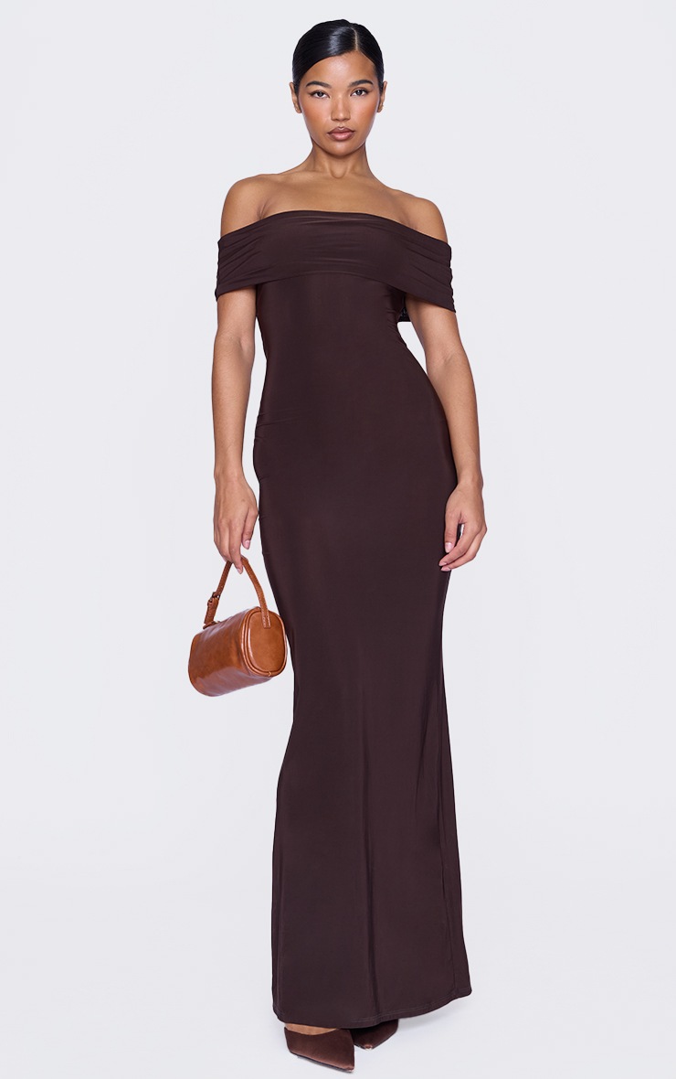 Pretty Little Thing Chocolate Open Back Bardot Maxi Dress