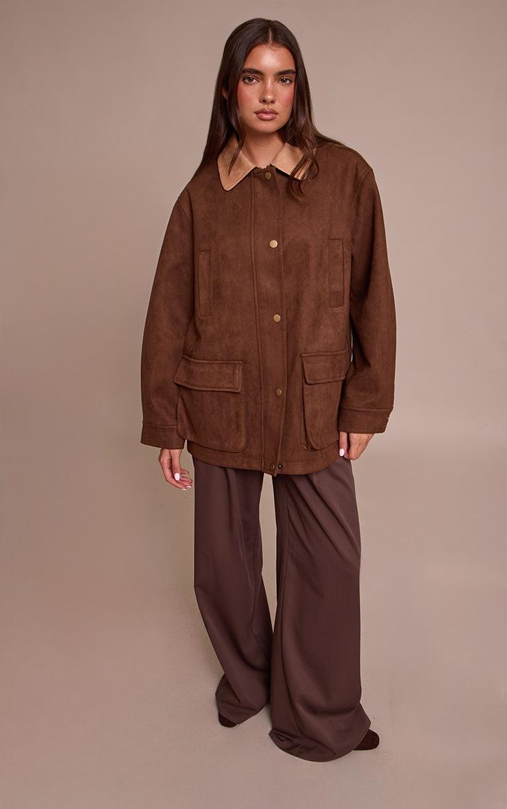 Pretty Little Thing Chocolate Oversized Pocket Detail Contrast Collar Jacket