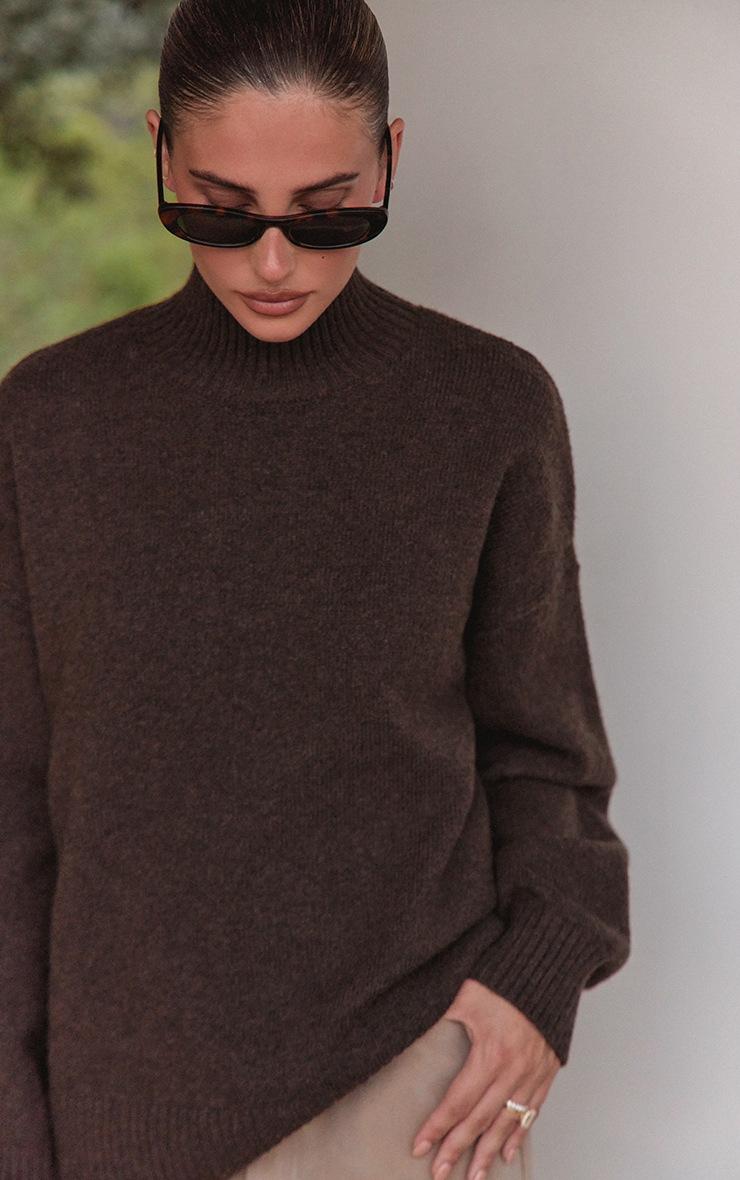 Pretty Little Thing Chocolate Oversized Polo Neck Knitted Sweater