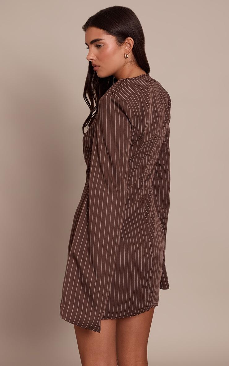 Pretty Little Thing Chocolate Pinstripe Boat Neck Structured Long Sleeve Mini Dress