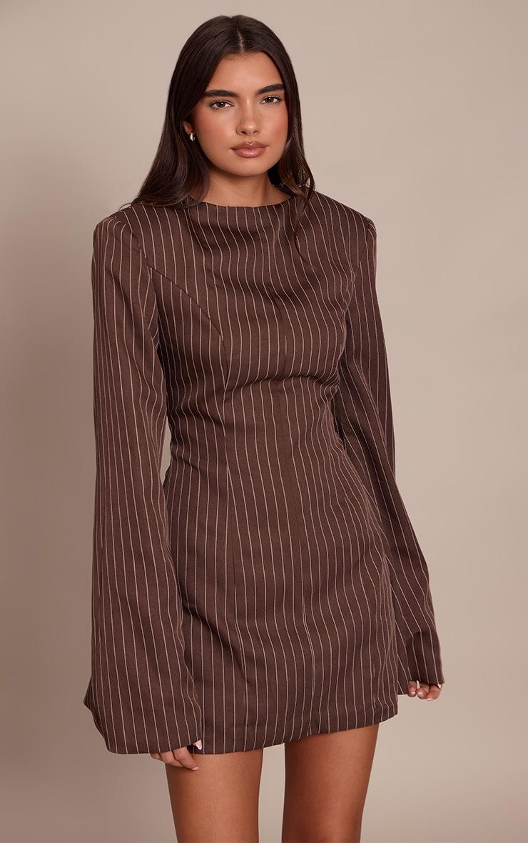 Pretty Little Thing Chocolate Pinstripe Boat Neck Structured Long Sleeve Mini Dress