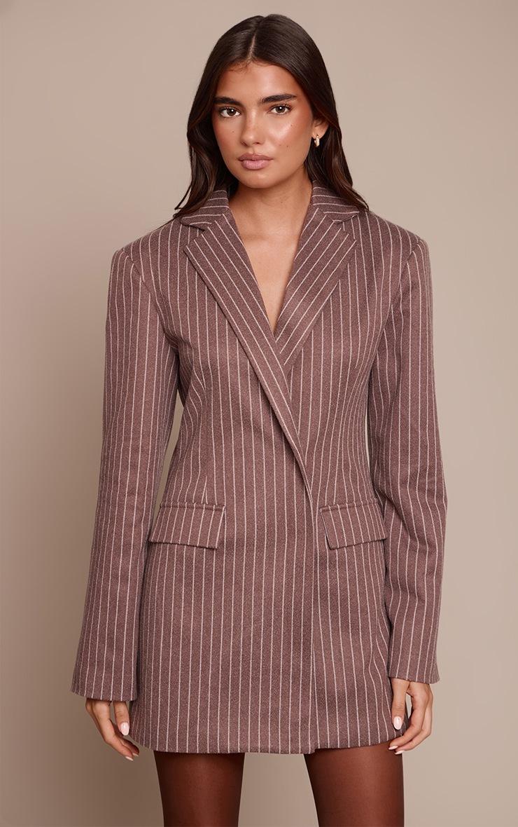 Pretty Little Thing Chocolate Pinstripe Brushed Long Sleeve Blazer Dress