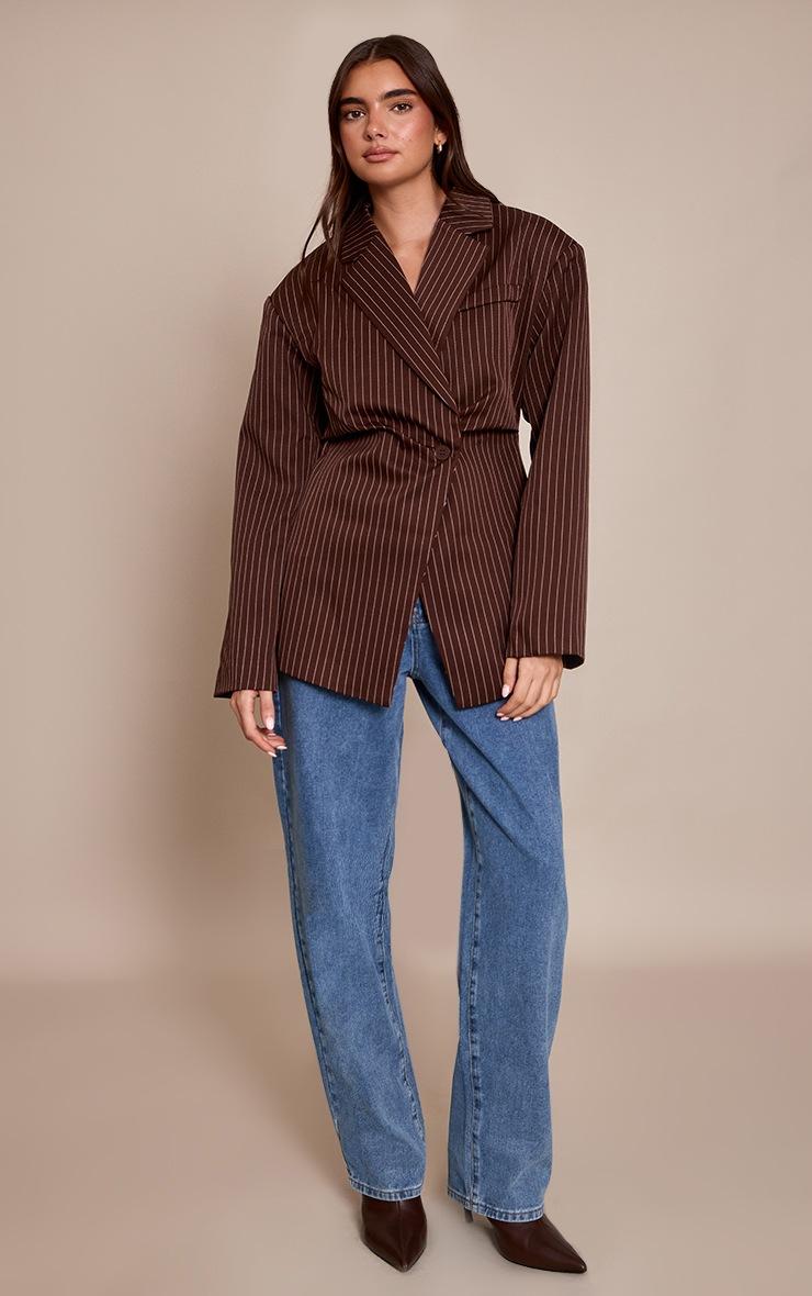 Pretty Little Thing Chocolate Pinstripe Gathered Cinched Waist Blazer