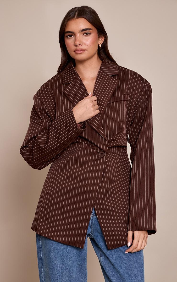 Pretty Little Thing Chocolate Pinstripe Gathered Cinched Waist Blazer