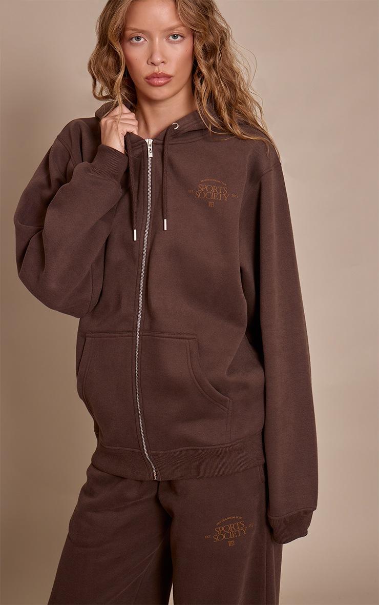 Pretty Little Thing Chocolate PLT Sports Society Full Zip Hoodie