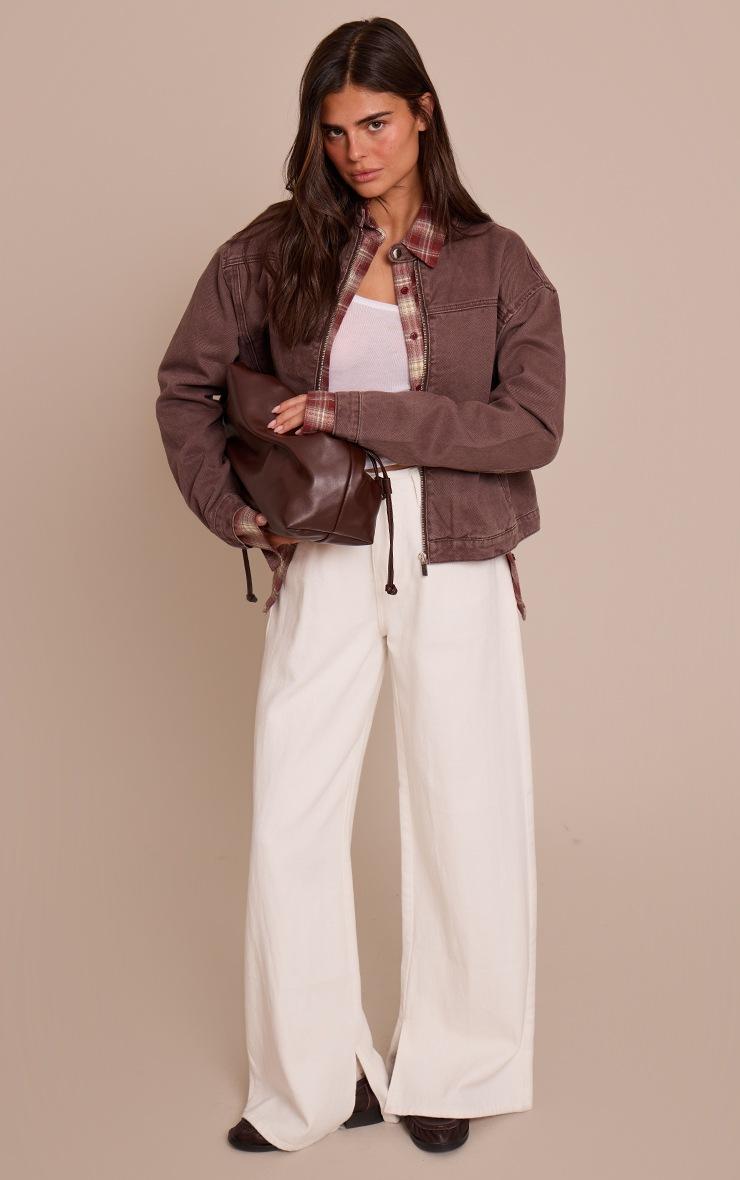 Pretty Little Thing Chocolate Plum Boxy Denim Racer Jacket