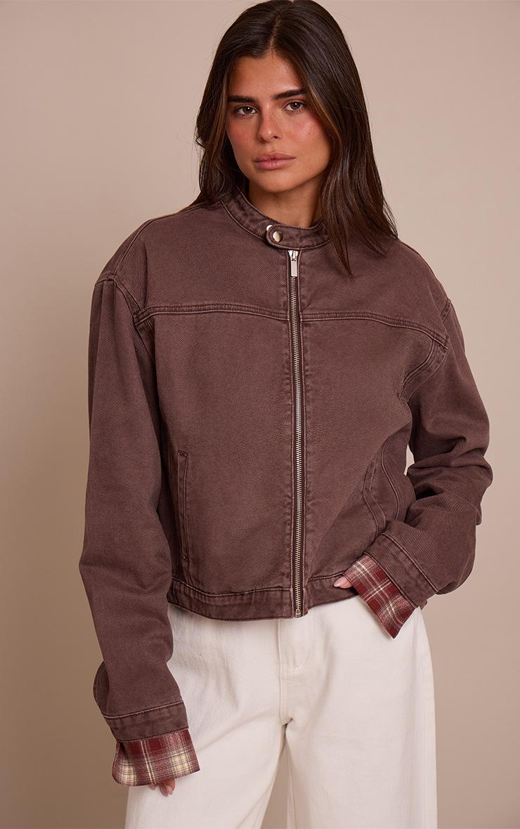 Pretty Little Thing Chocolate Plum Boxy Denim Racer Jacket