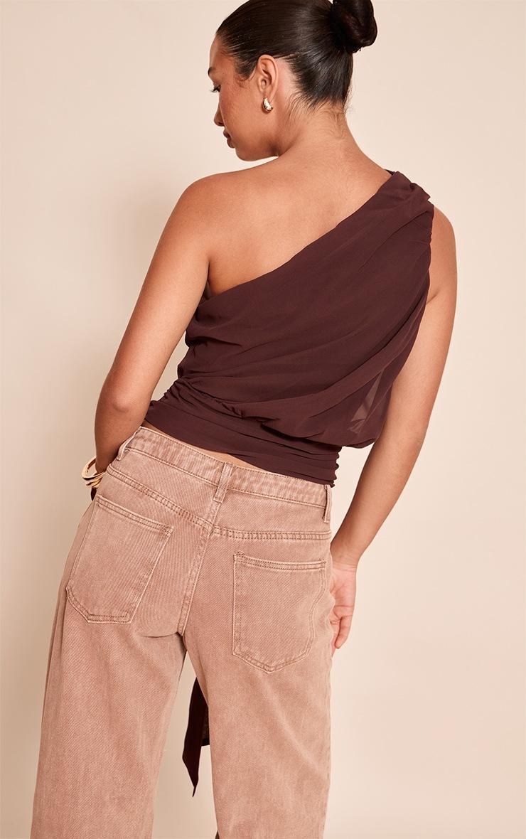 Pretty Little Thing Chocolate Plum Chiffon One Shoulder Ruched Trim Drape Top
