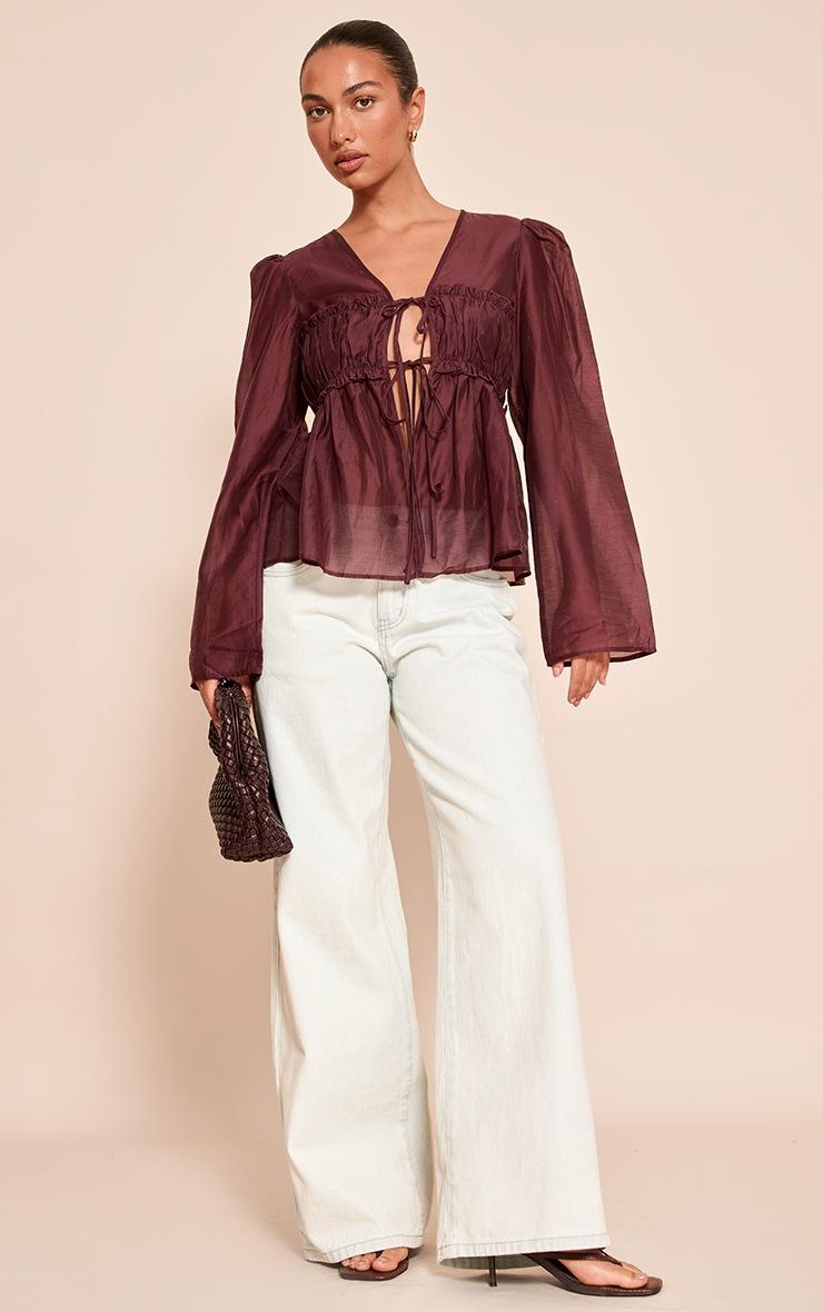 Pretty Little Thing Chocolate Plum Chiffon Tie Front Ruched Blouse