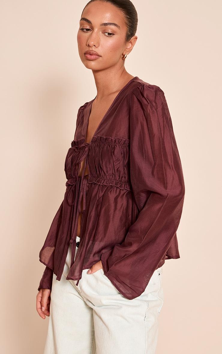 Pretty Little Thing Chocolate Plum Chiffon Tie Front Ruched Blouse