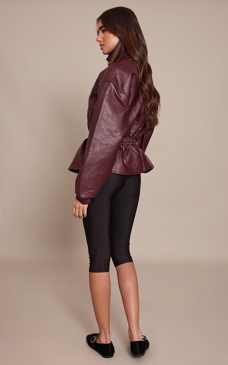 Pretty Little Thing Chocolate Plum High Neck Cinched Waist Faux Leather Jacket
