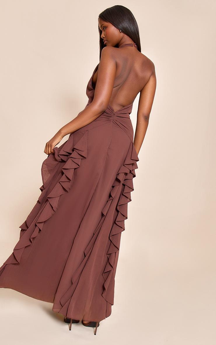 Pretty Little Thing Chocolate Plunge Ruched Frill Detail Maxi Dress