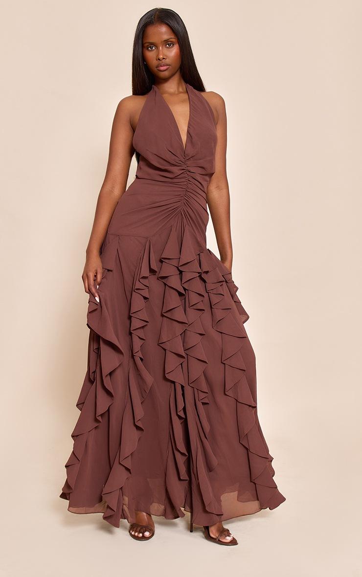 Pretty Little Thing Chocolate Plunge Ruched Frill Detail Maxi Dress