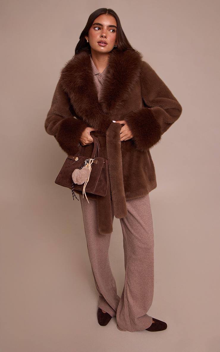 Pretty Little Thing Chocolate Plush Faux Fur Self Tie Coat