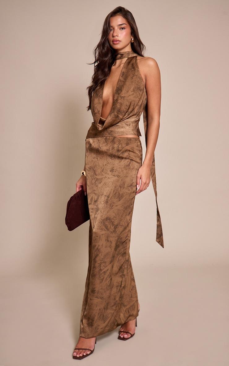 Pretty Little Thing Chocolate Printed Satin Column Maxi Skirt