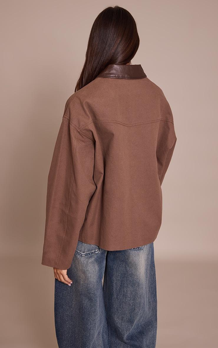 Pretty Little Thing Chocolate PU Collar Twill Oversized Trucker Jacket