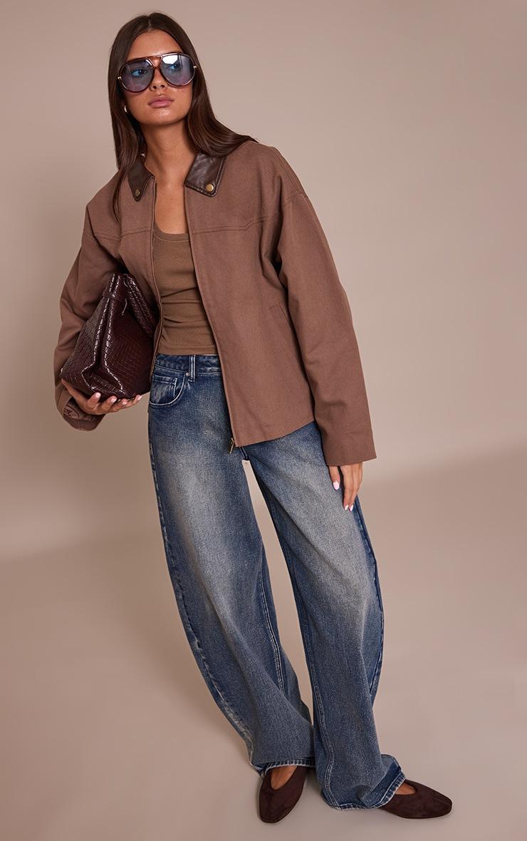 Pretty Little Thing Chocolate PU Collar Twill Oversized Trucker Jacket