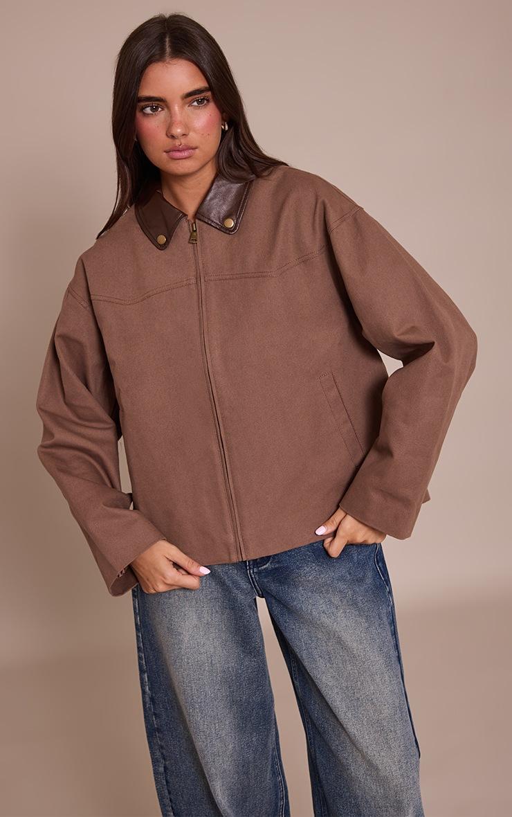 Pretty Little Thing Chocolate PU Collar Twill Oversized Trucker Jacket