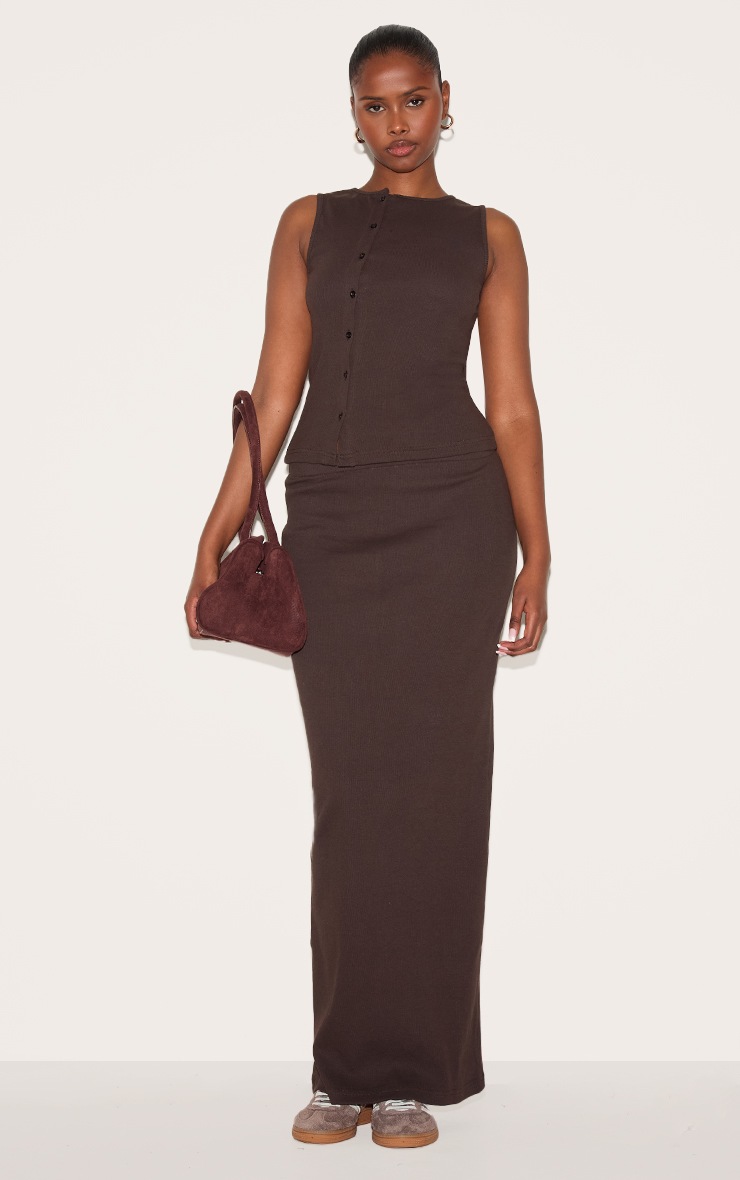 Pretty Little Thing Chocolate Ribbed Asymmetric Button Up Vest Top