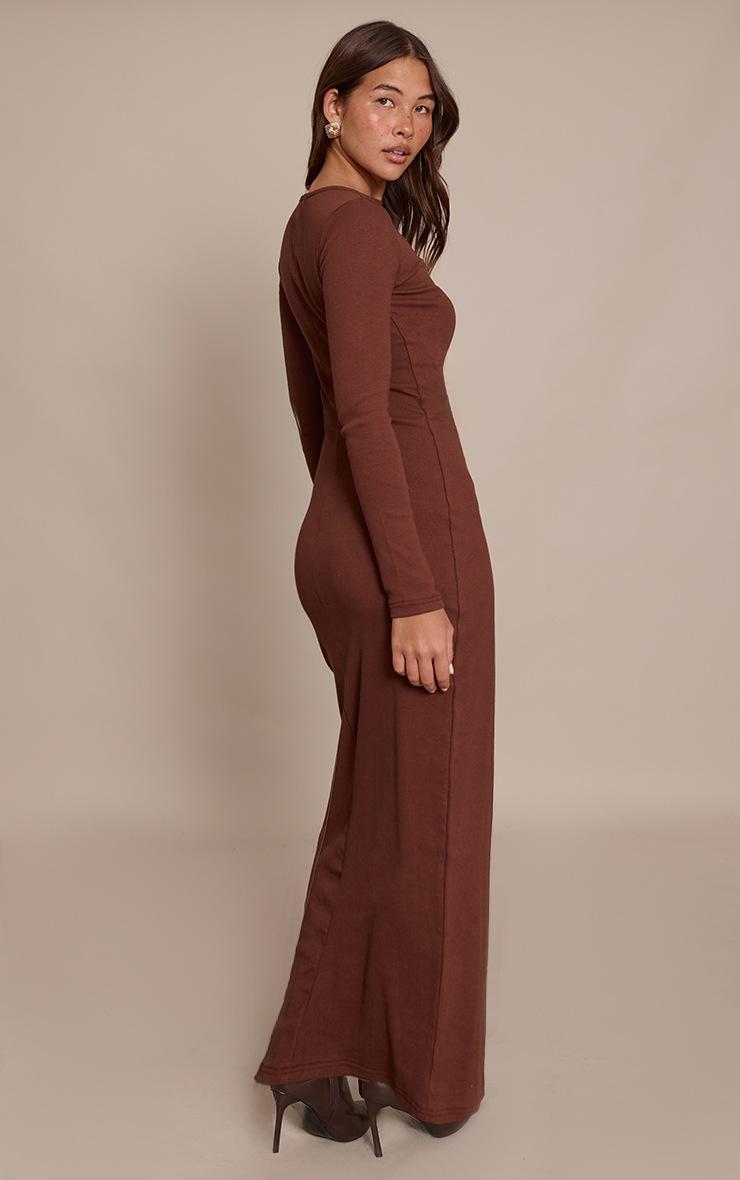 Pretty Little Thing Chocolate Ribbed Boat Neck Long Sleeve Bodycon Maxi Dress