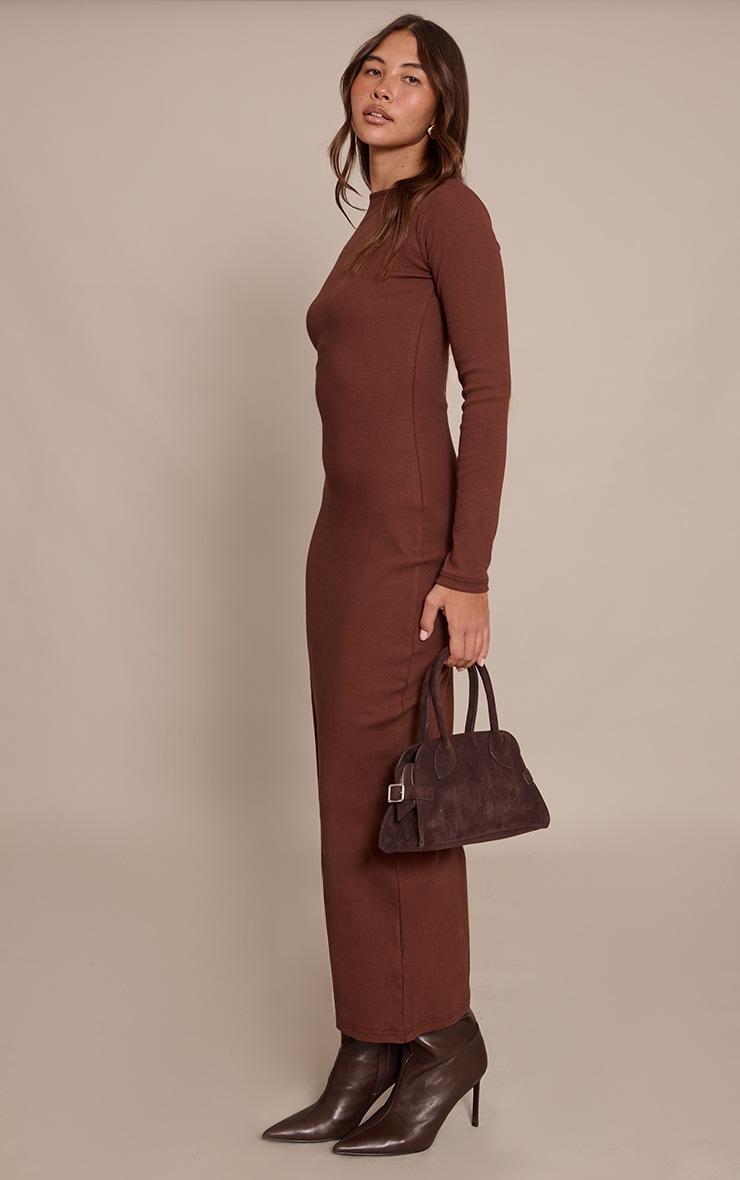 Pretty Little Thing Chocolate Ribbed Boat Neck Long Sleeve Bodycon Maxi Dress
