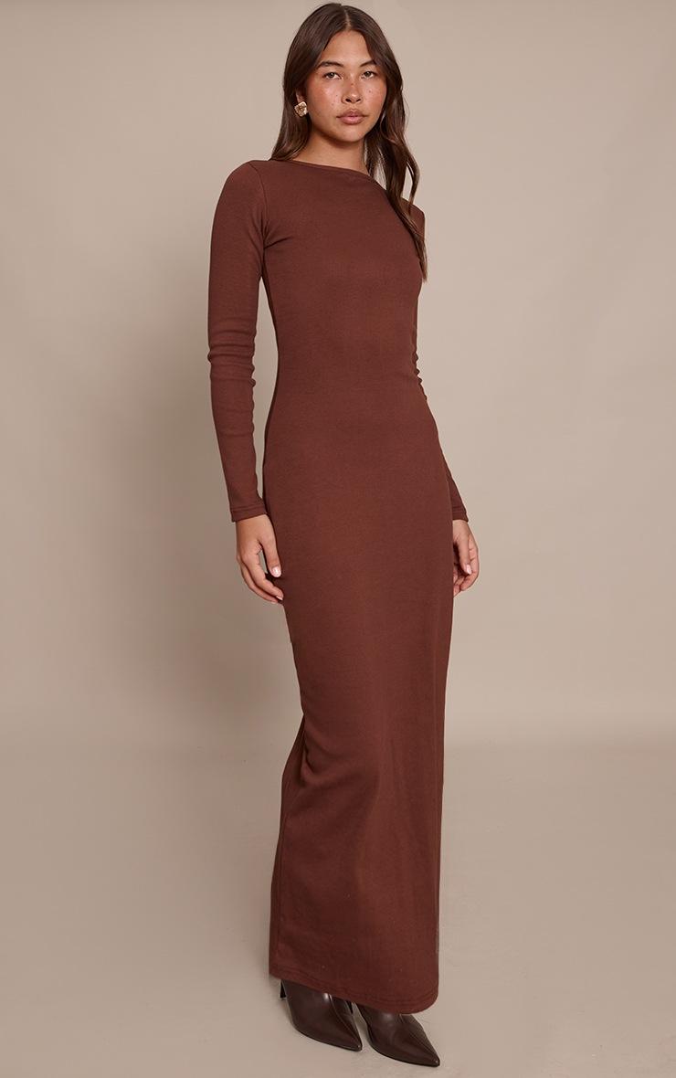 Pretty Little Thing Chocolate Ribbed Boat Neck Long Sleeve Bodycon Maxi Dress