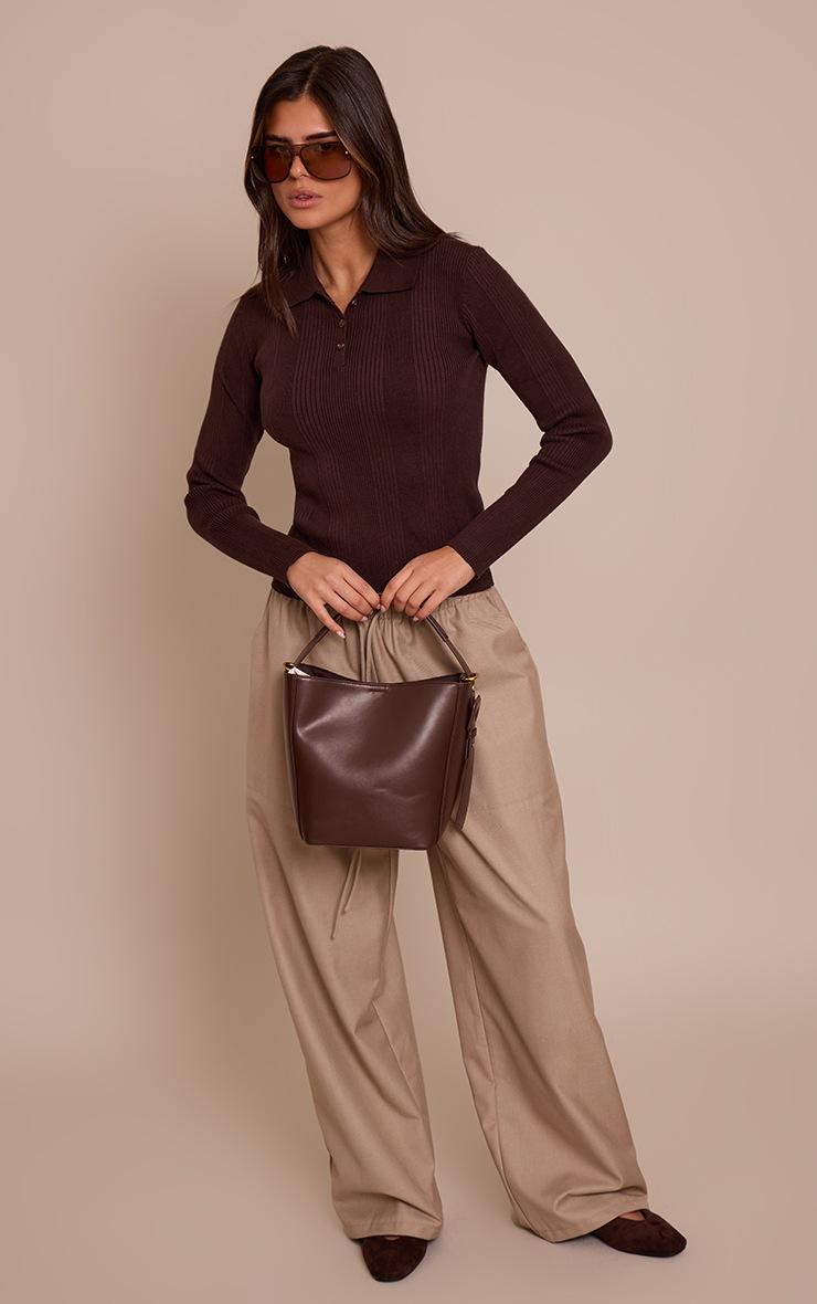 Pretty Little Thing Chocolate Ribbed Knit Long Sleeved Polo Top