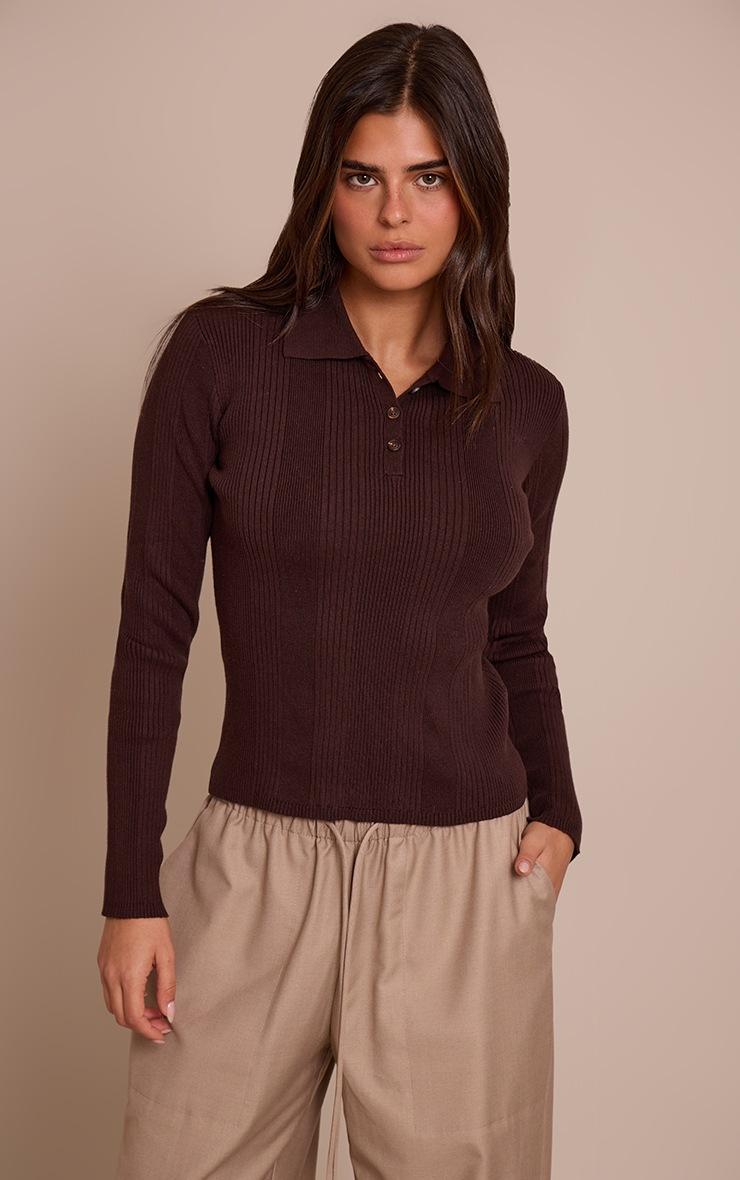 Pretty Little Thing Chocolate Ribbed Knit Long Sleeved Polo Top