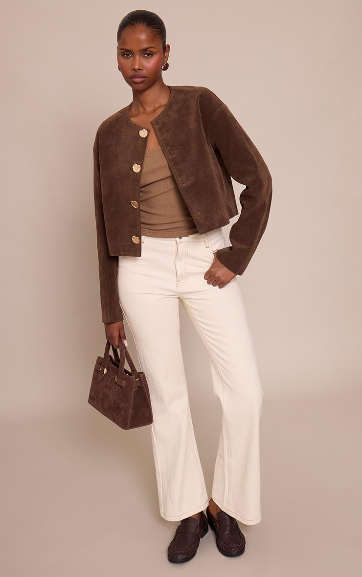 Pretty Little Thing Chocolate Round Neck Gold Button Suede Jacket