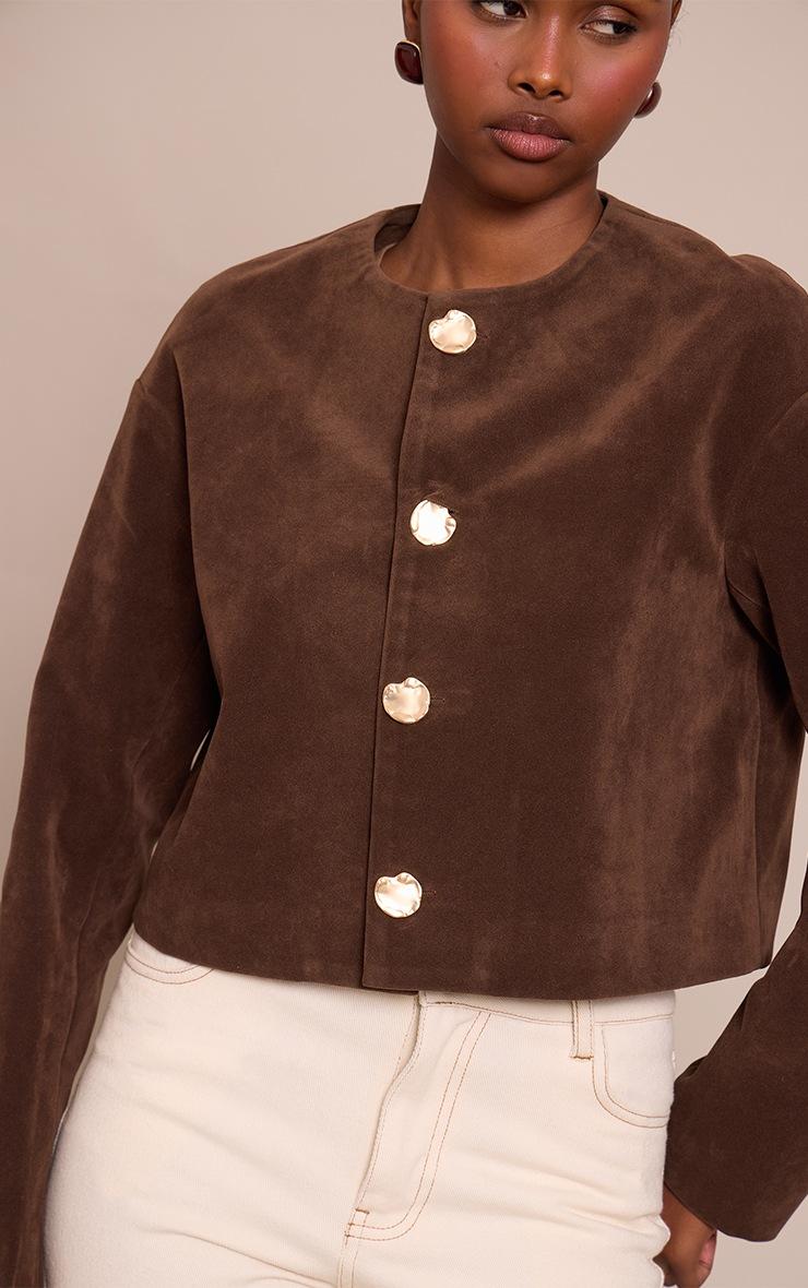 Pretty Little Thing Chocolate Round Neck Gold Button Suede Jacket