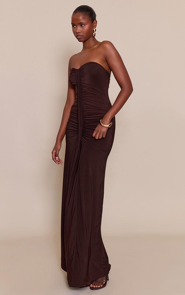 Pretty Little Thing Chocolate Ruched Drape Detail Slinky Maxi Dress