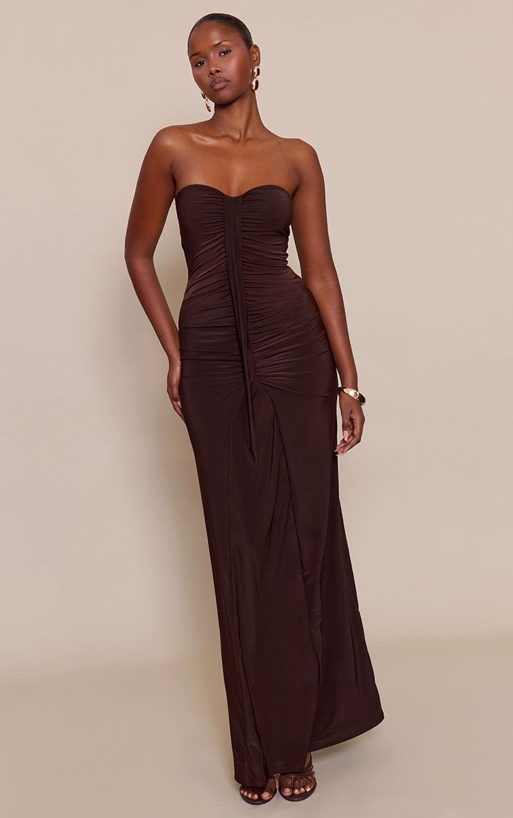Pretty Little Thing Chocolate Ruched Drape Detail Slinky Maxi Dress