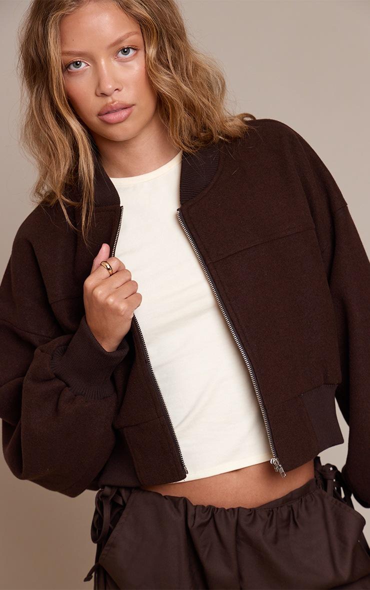 Pretty Little Thing Chocolate Ruched Sleeve Cropped Bomber Jacket
