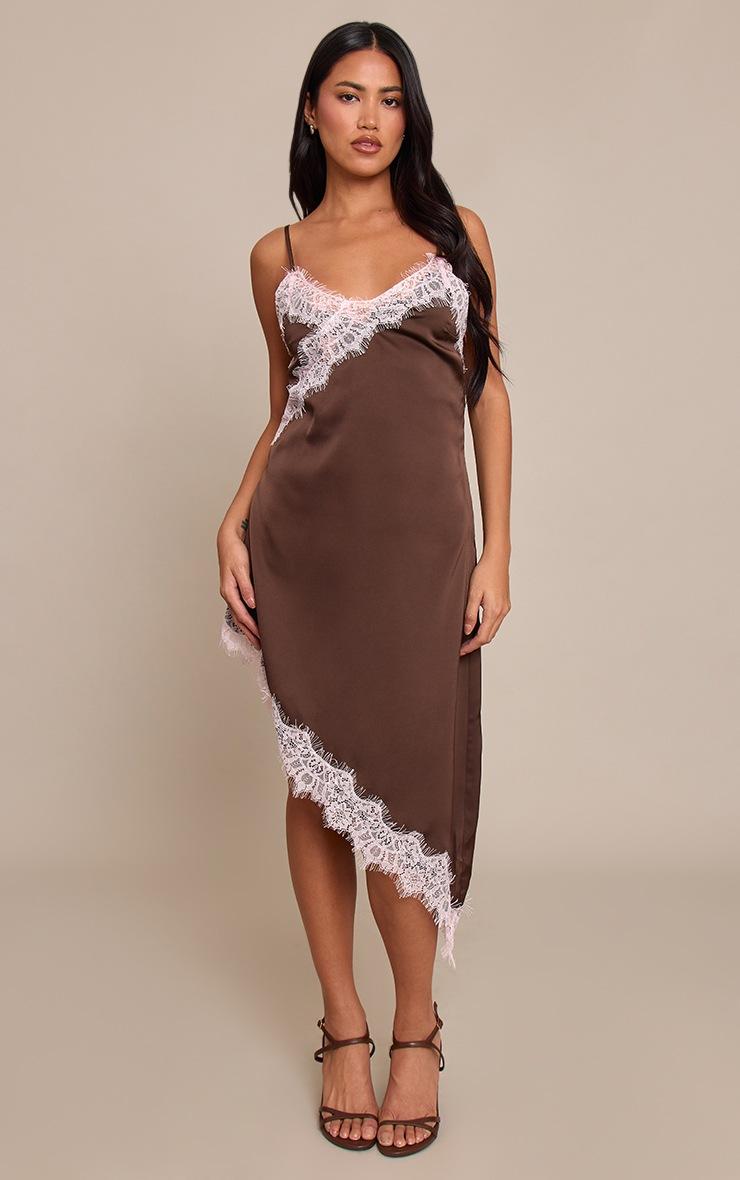 Pretty Little Thing Chocolate Satin Asymmetric Lace Mini Dress