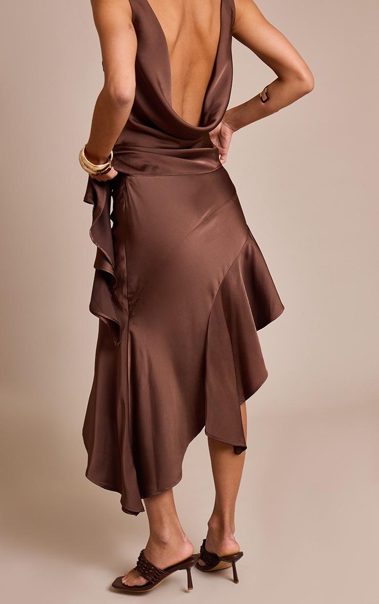 Pretty Little Thing Chocolate Satin Asymmetric Ruffle Midi Skirt