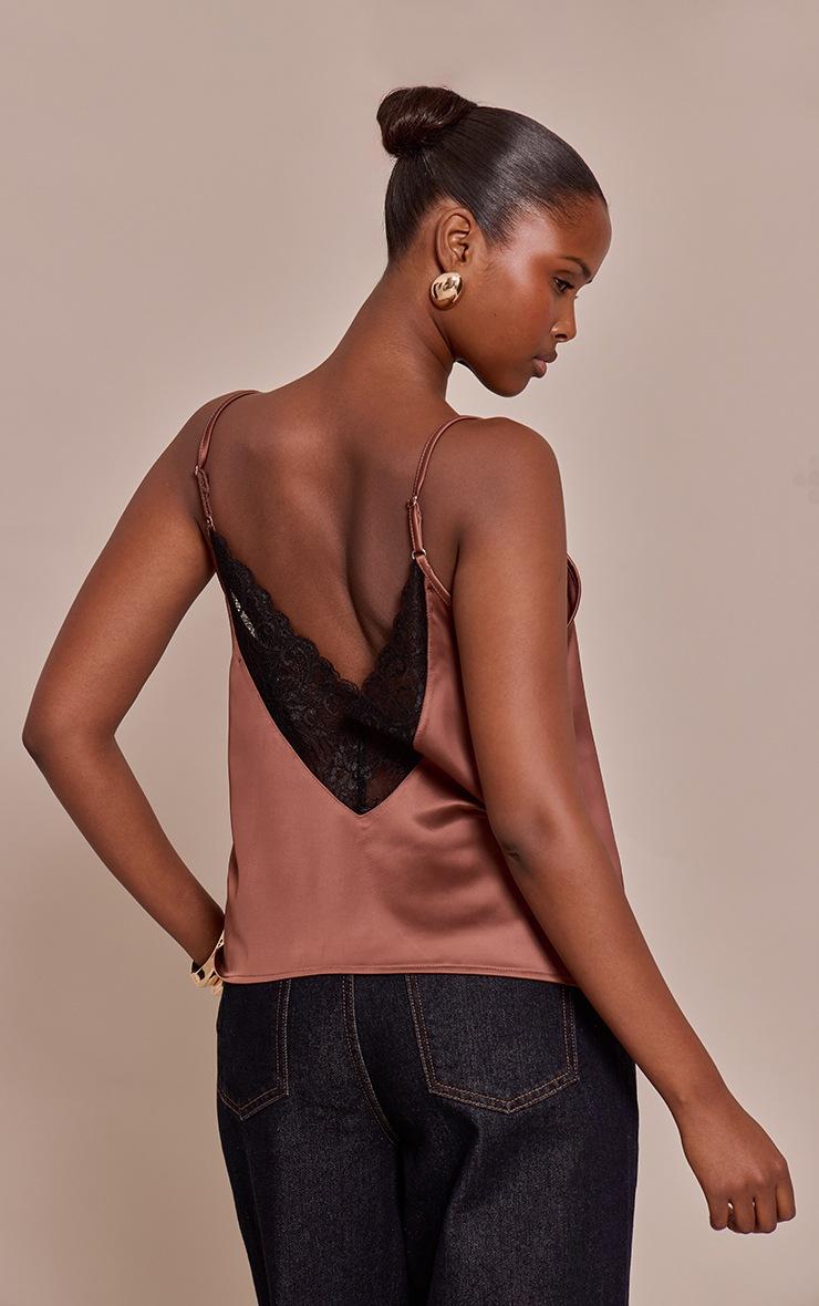 Pretty Little Thing Chocolate Satin Backless Lace Trim Cami Top