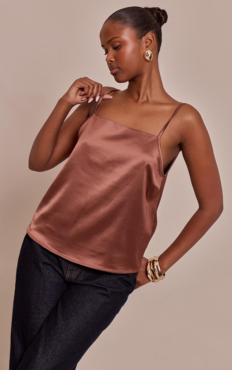 Pretty Little Thing Chocolate Satin Backless Lace Trim Cami Top