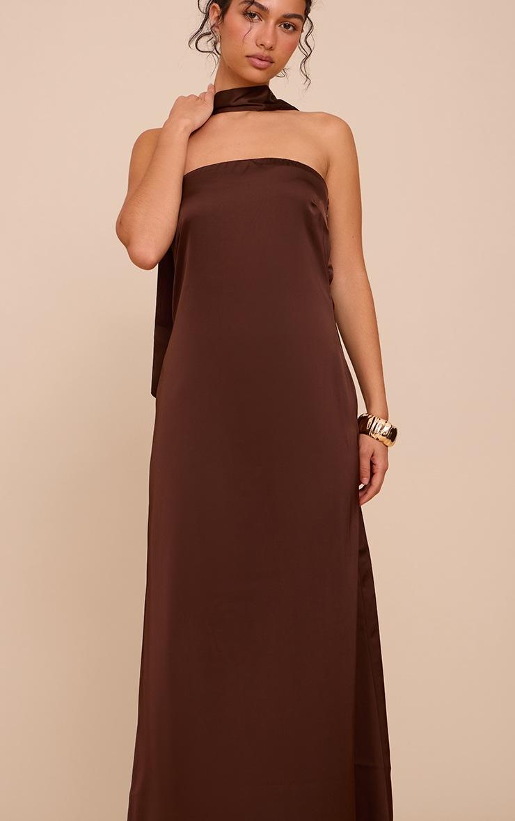 Pretty Little Thing Chocolate Satin Bandeau Scarf Detail Maxi Dress