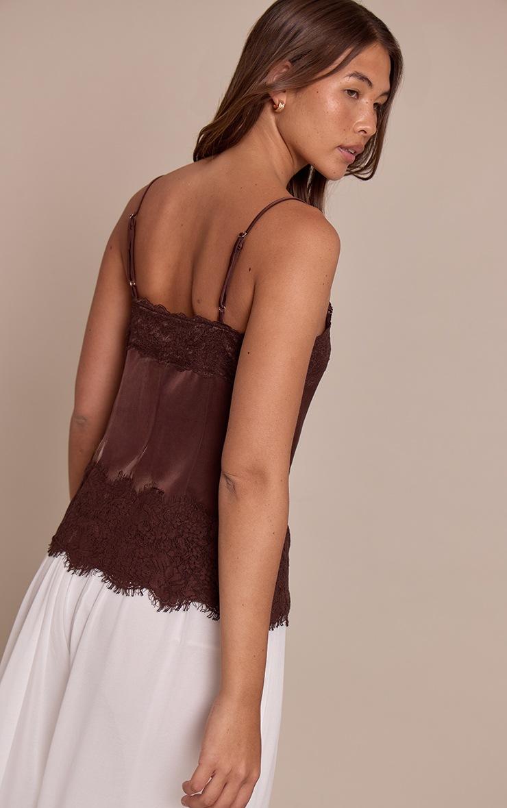 Pretty Little Thing Chocolate Satin Button Up Lace Detail Cami