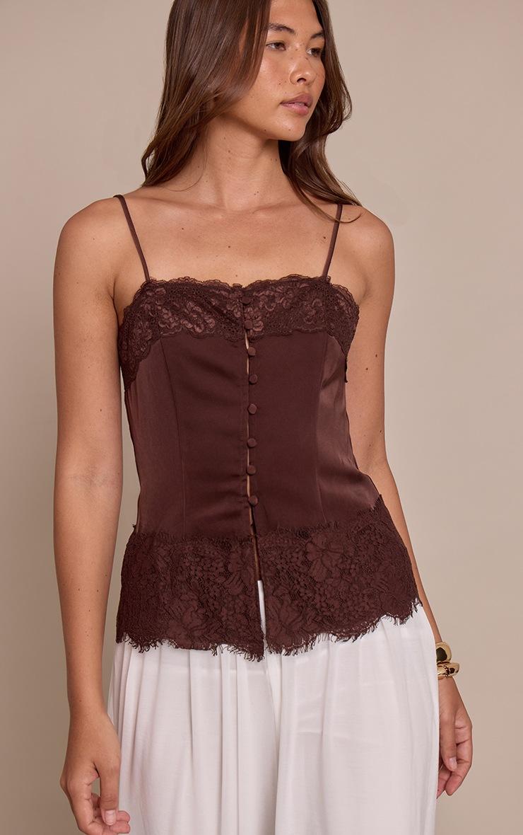 Pretty Little Thing Chocolate Satin Button Up Lace Detail Cami